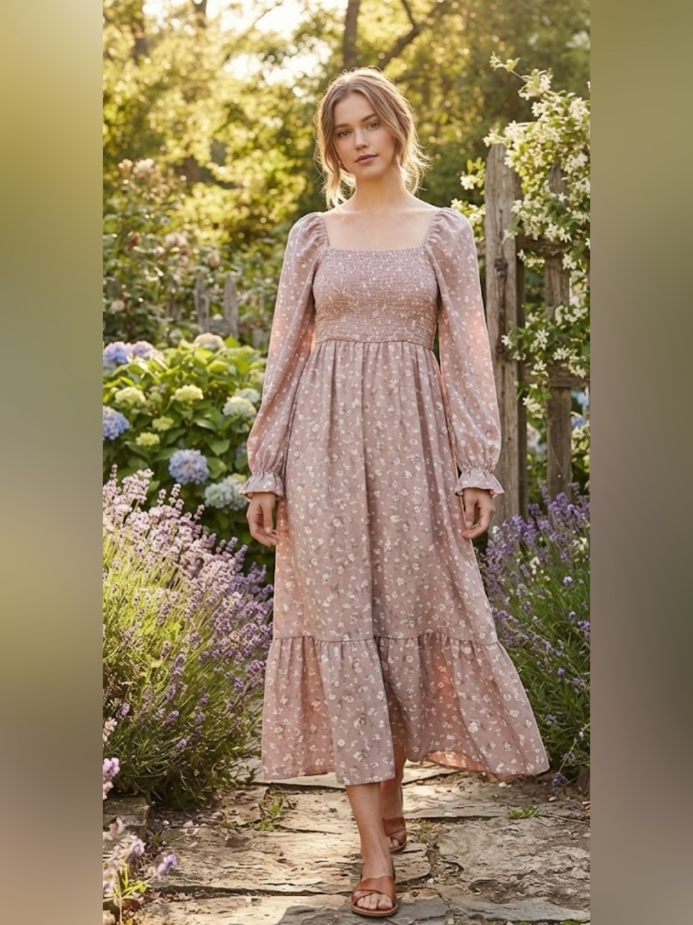 By the River Mauve Floral Smocked Square Neck Midi Dress Size S